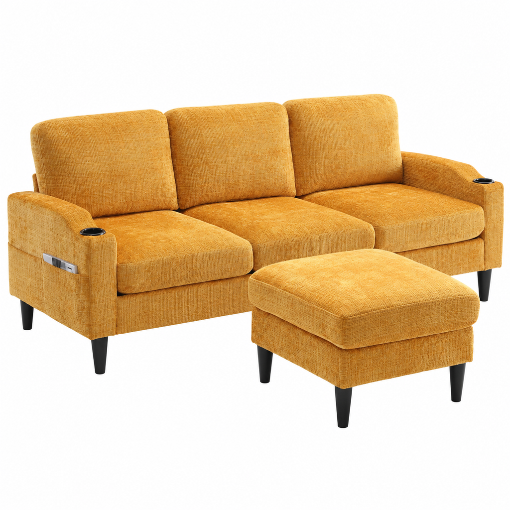 Canapé en tissu avec porte-gobelets et pouf coffre, jaune, vue sur fond blanc