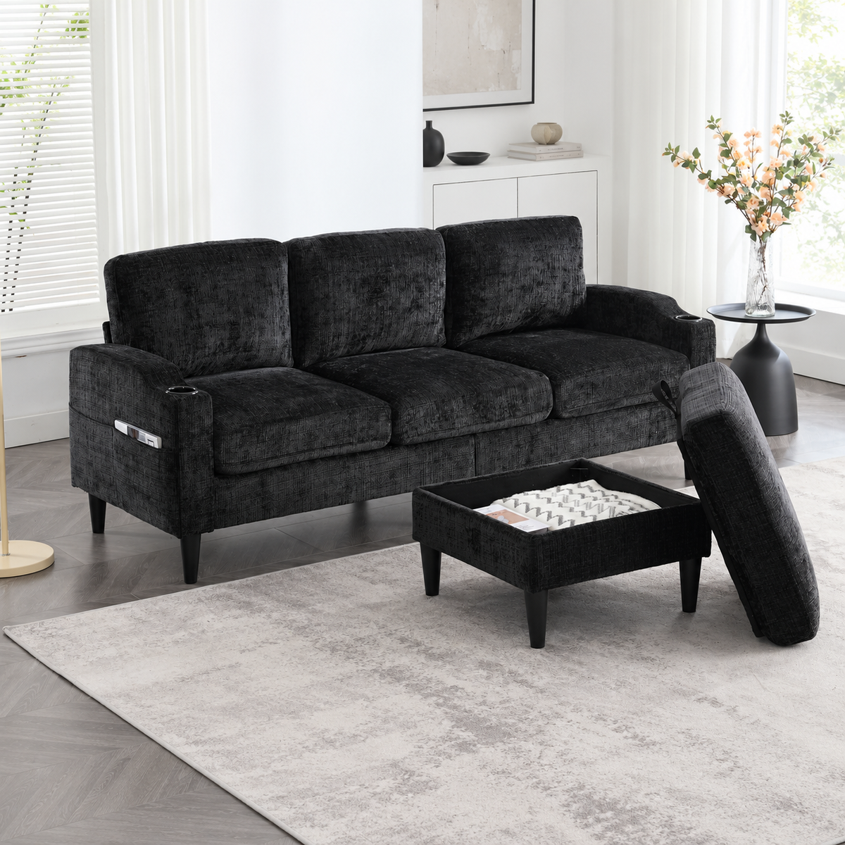 Canapé 4 places en tissu avec pouf coffre et porte-gobelets