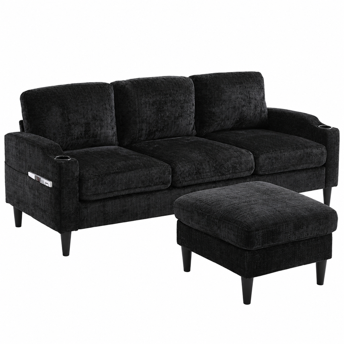 Canapé en tissu avec porte-gobelets et pouf coffre, noir, vue sur fond blanc