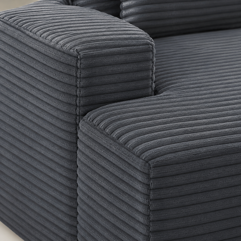 Canapé en U sans armature en velours côtelé, gris foncé, détail de l’accoudoir et de l’assise