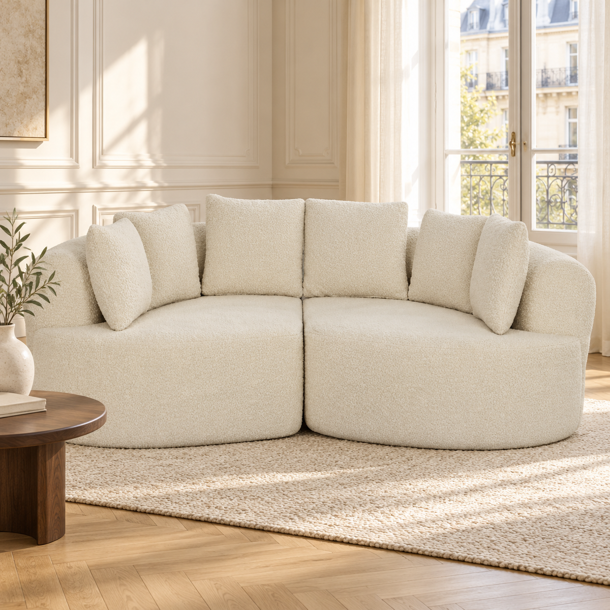 Canapé incurvé en chenille crème de 188 cm dans un salon lumineux