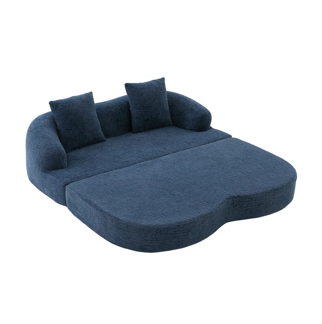 Canapé-lit arrondi en chenille bleu marine de 157 cm, assise déployée en couchage sur fond blanc
