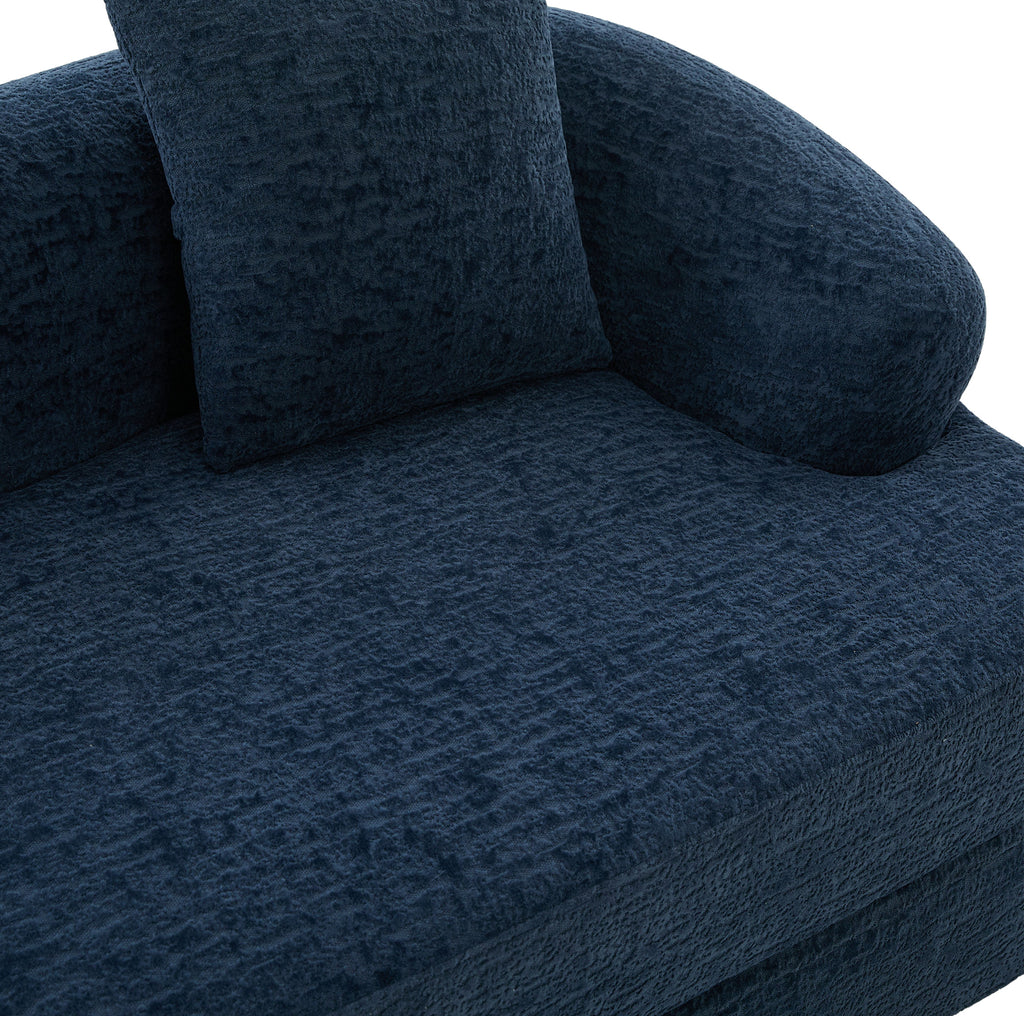 Canapé-lit arrondi en chenille bleu marine de 157 cm, détail de l’assise et des coussins