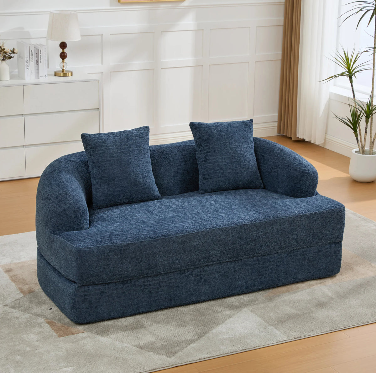 Canapé-lit 2 places arrondi en chenille bleu marine, 157 cm