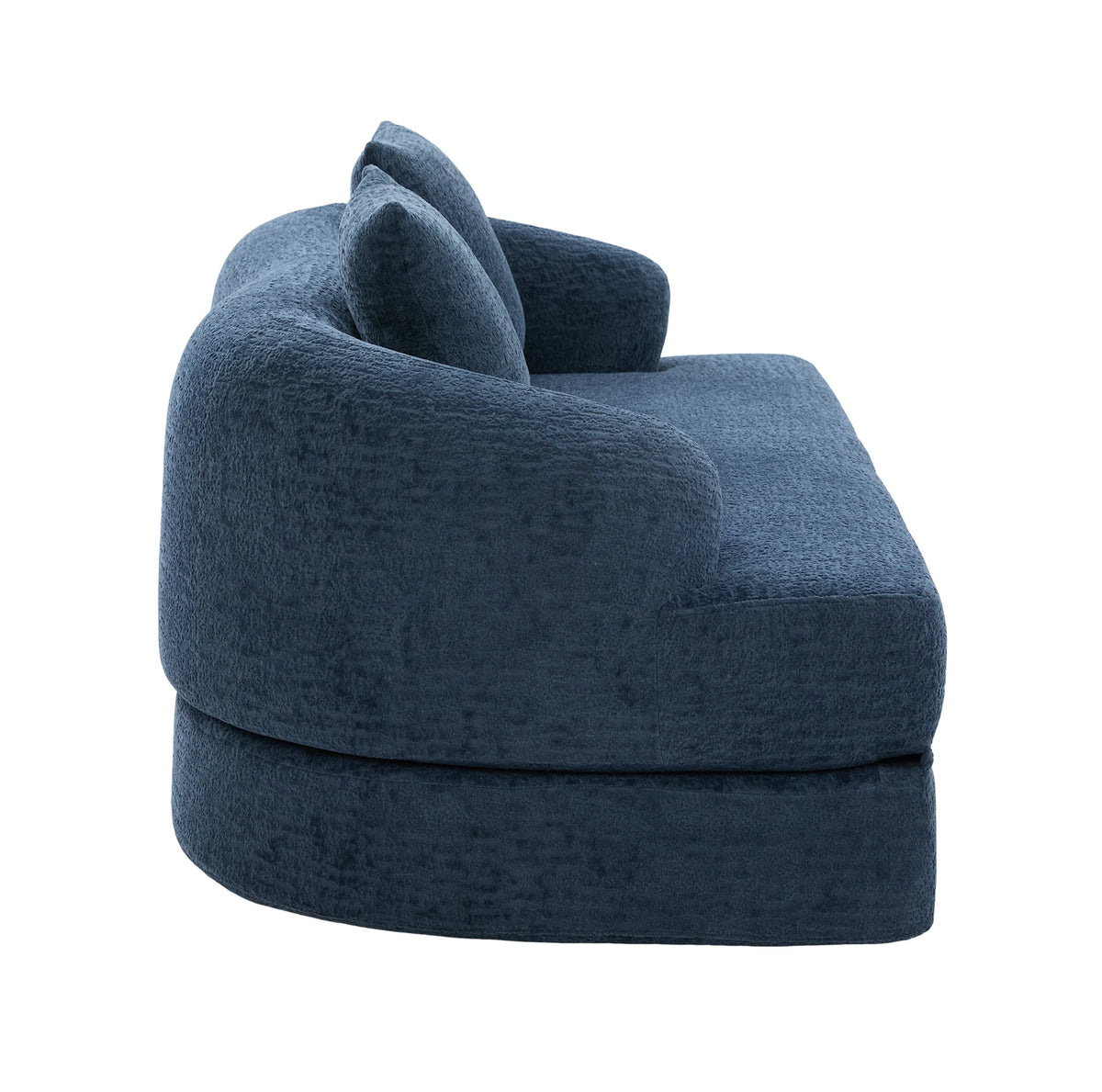 Canapé-lit arrondi en chenille bleu marine de 157 cm, fermé, vue de profil sur fond blanc