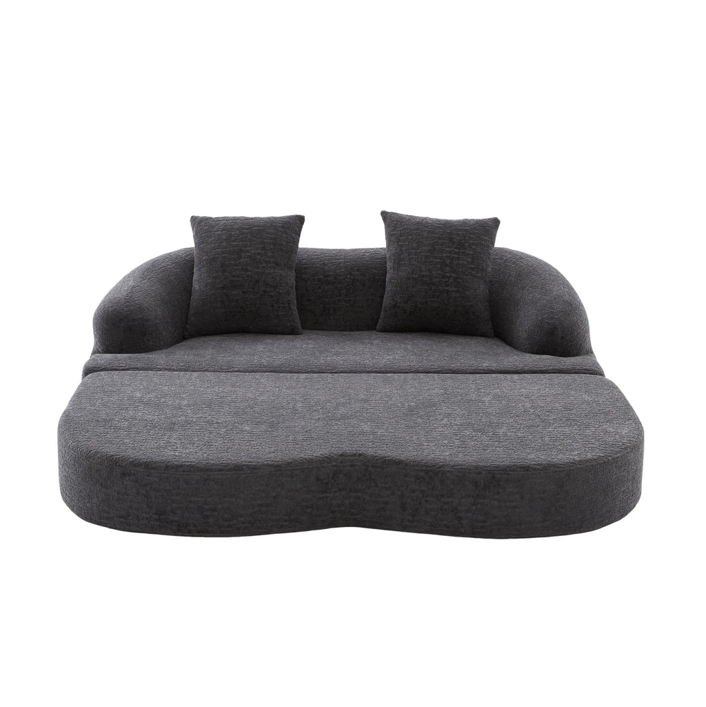 Canapé-lit arrondi en chenille gris foncé de 157 cm, assise déployée en couchage sur fond blanc