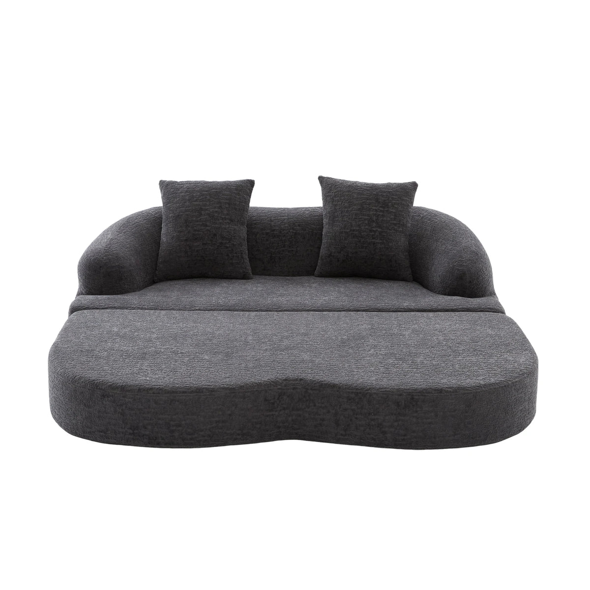 Canapé-lit arrondi en chenille gris foncé de 157 cm, assise déployée en couchage sur fond blanc