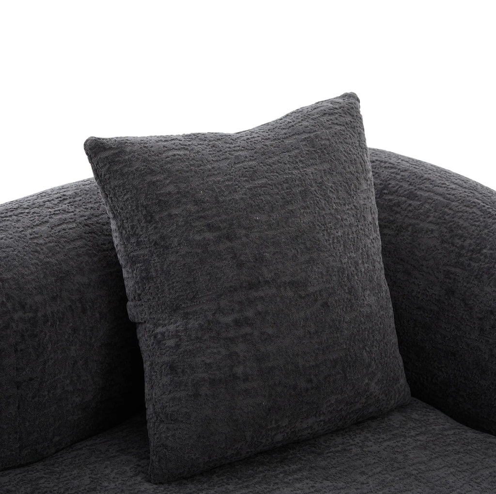 Canapé-lit arrondi en chenille gris foncé de 157 cm, détail du coussin et de l’accoudoir