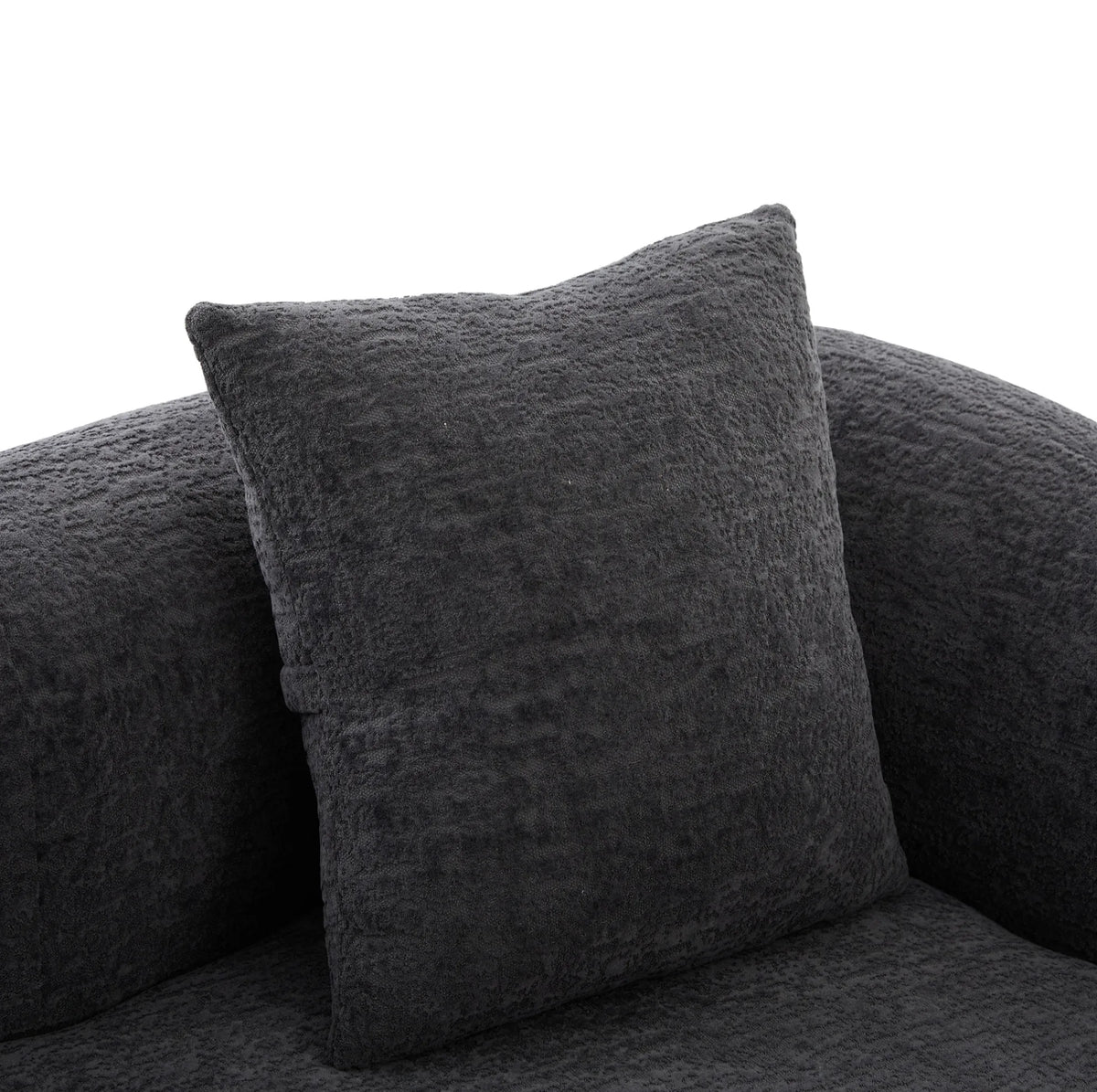 Canapé-lit arrondi en chenille gris foncé de 157 cm, détail du coussin et de l’accoudoir
