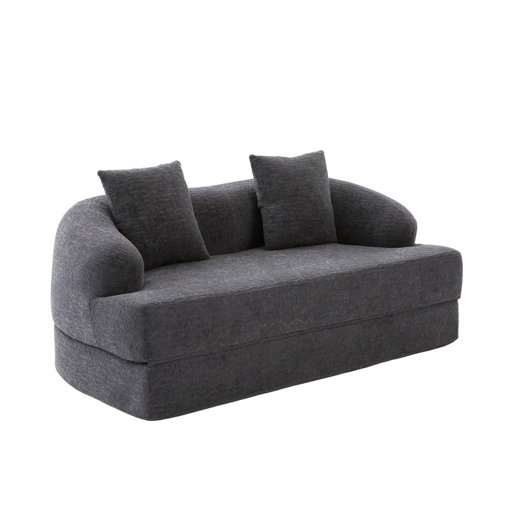 Canapé-lit arrondi en chenille gris foncé de 157 cm, fermé, trois quarts sur fond blanc
