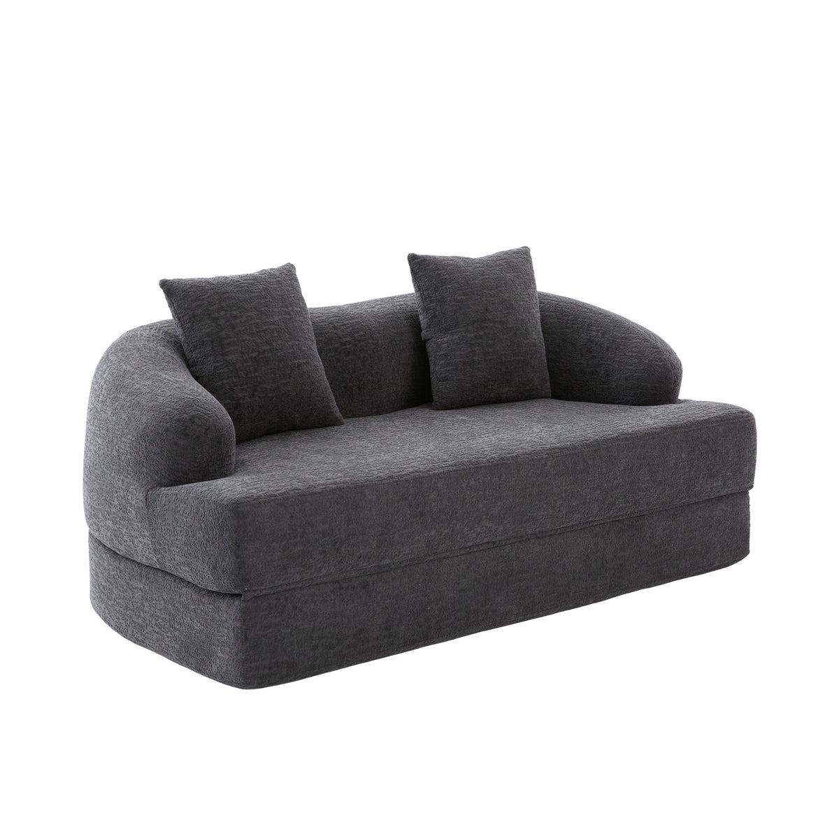 Canapé-lit arrondi en chenille gris foncé de 157 cm, fermé, trois quarts sur fond blanc
