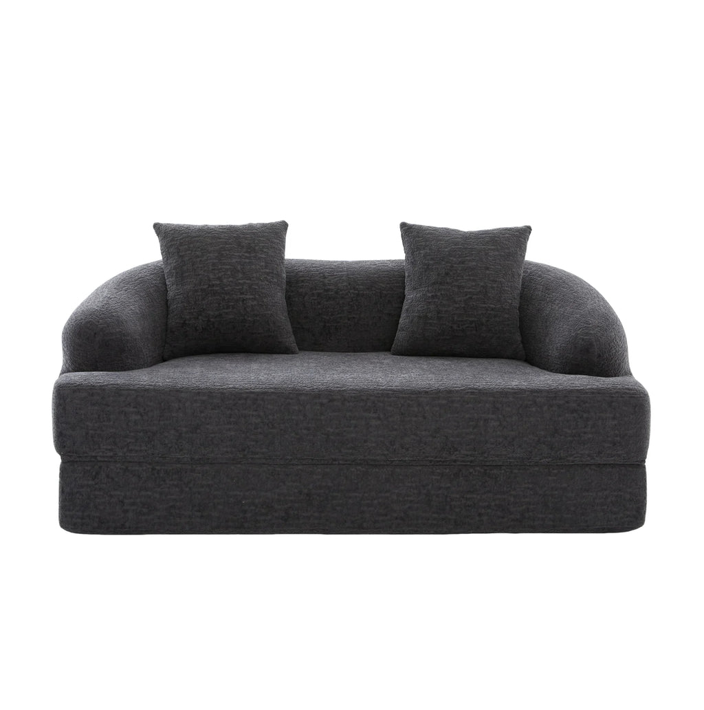 Canapé-lit arrondi en chenille gris foncé de 157 cm, fermé, vue de face