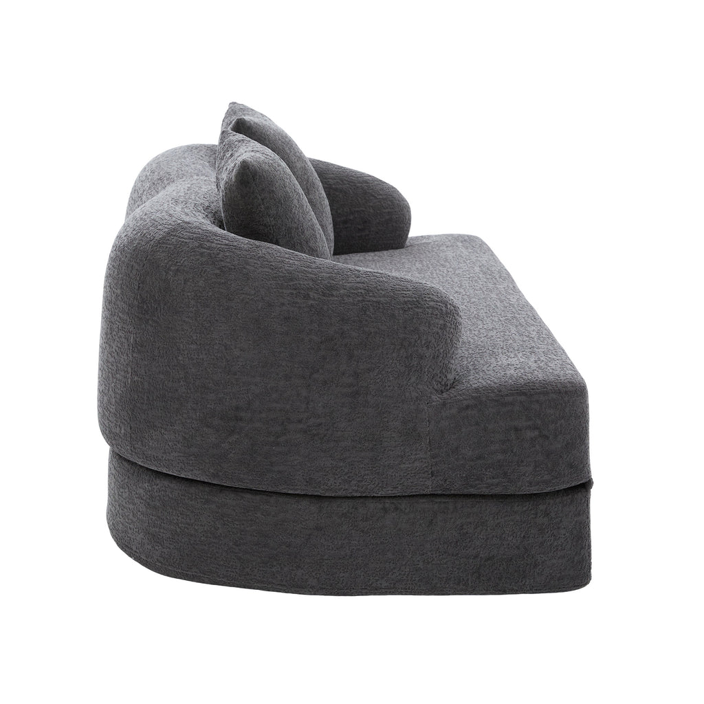 Canapé-lit arrondi en chenille gris foncé de 157 cm, vue de profil sur fond blanc