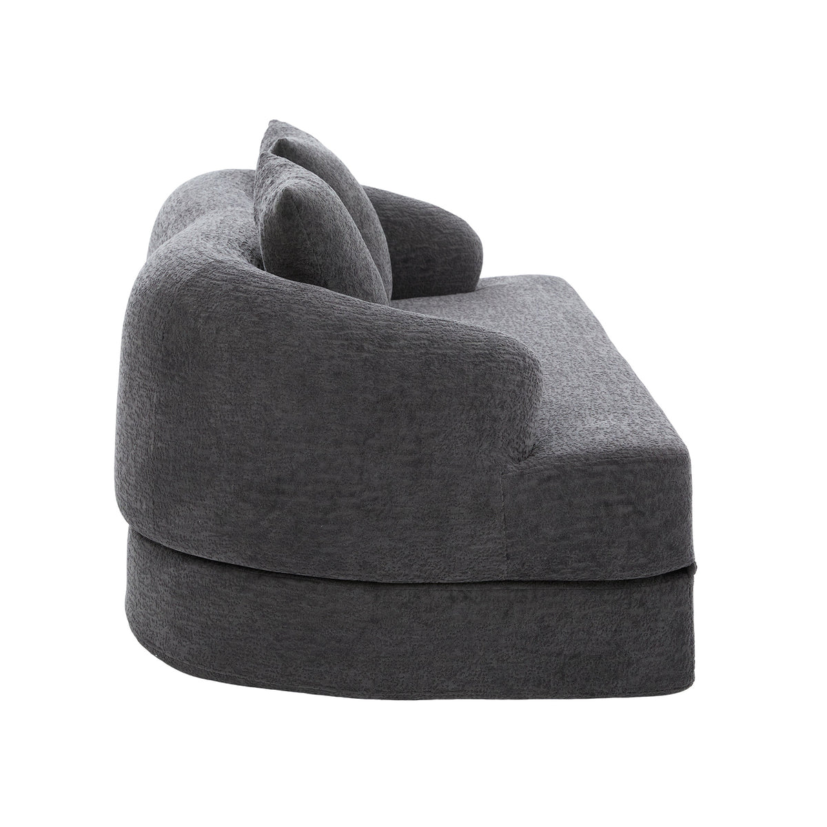 Canapé-lit arrondi en chenille gris foncé de 157 cm, vue de profil sur fond blanc