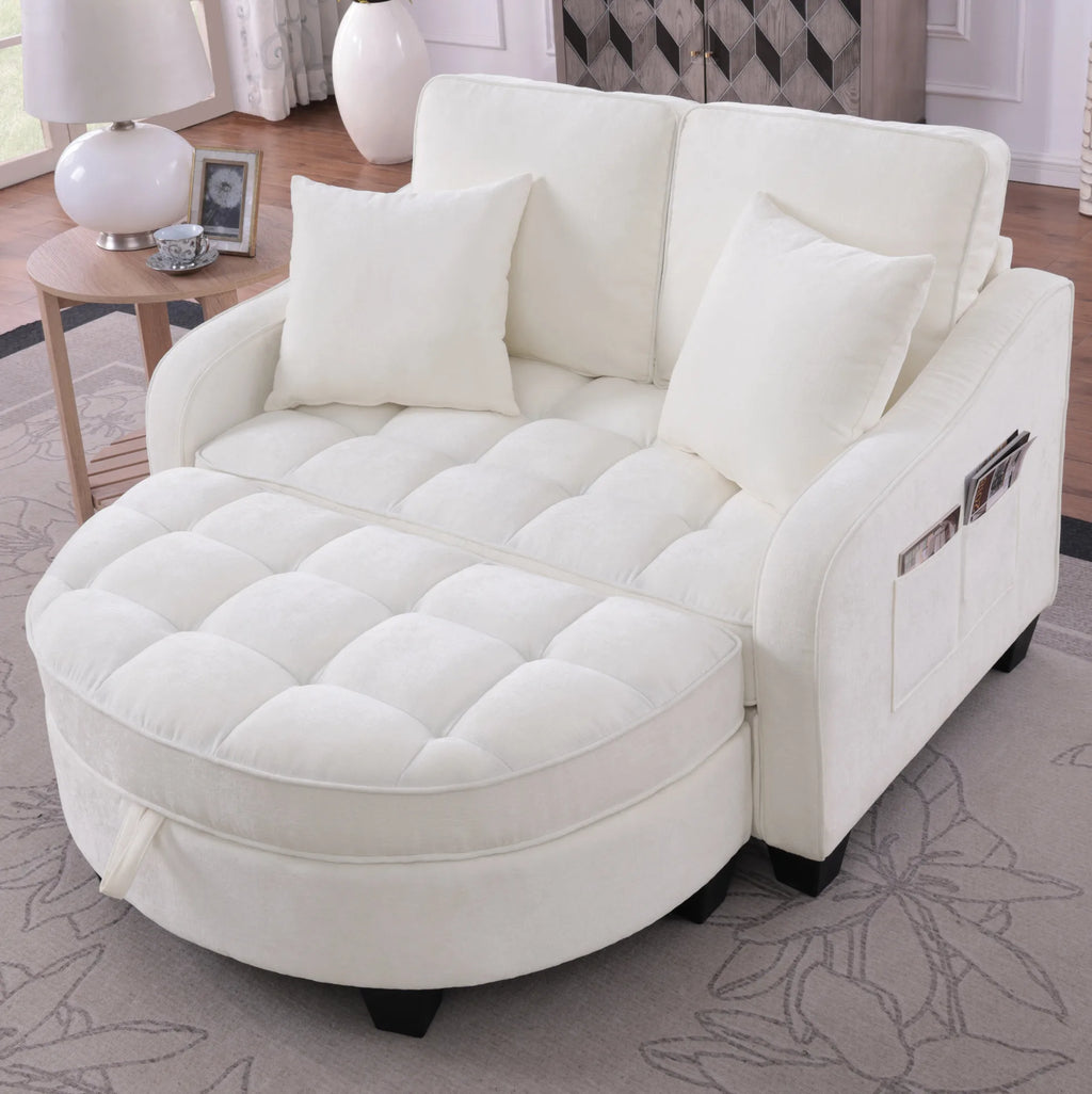 Canapé-lit blanc capitonné avec pouf de rangement, avec pouf, dans un salon