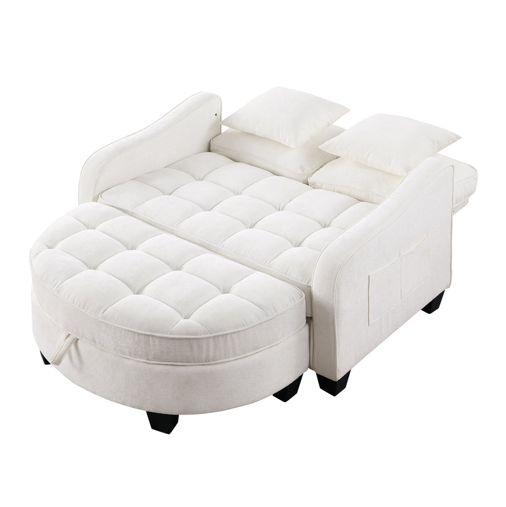 Canapé-lit blanc capitonné avec pouf de rangement, déplié en couchage sur fond blanc