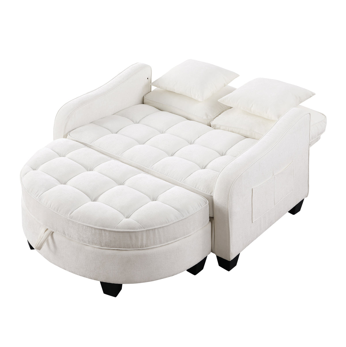 Canapé-lit blanc capitonné avec pouf de rangement, déplié en couchage sur fond blanc