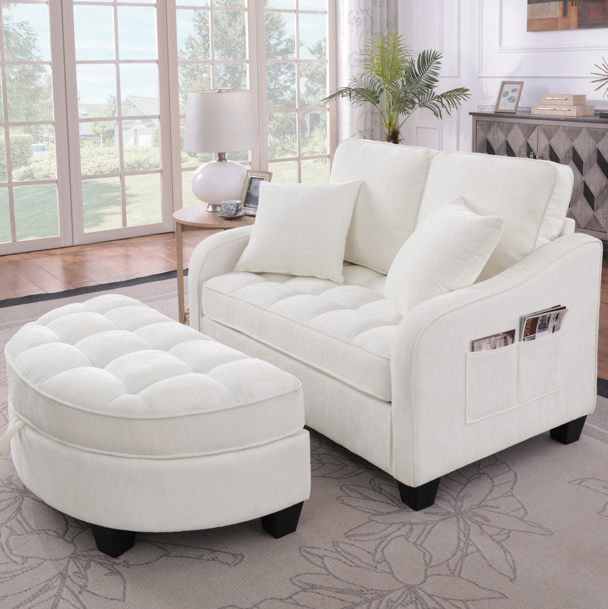Canapé-lit blanc capitonné avec pouf de rangement, pouf séparé du canapé
