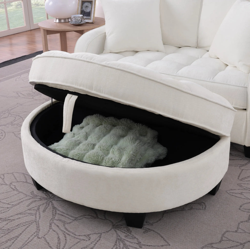 Canapé-lit blanc capitonné avec pouf de rangement, rangement du pouf ouvert