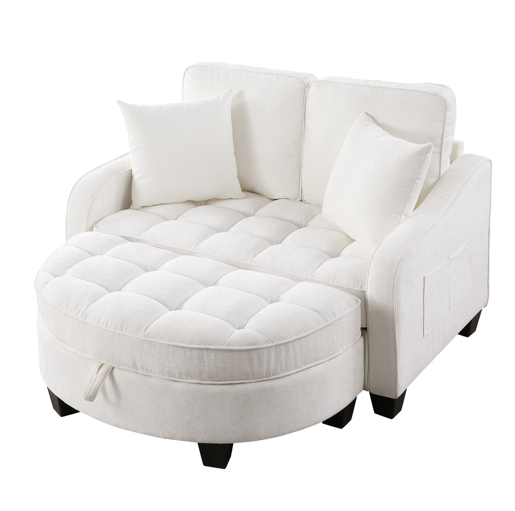 Canapé-lit blanc capitonné avec pouf de rangement, sur fond blanc
