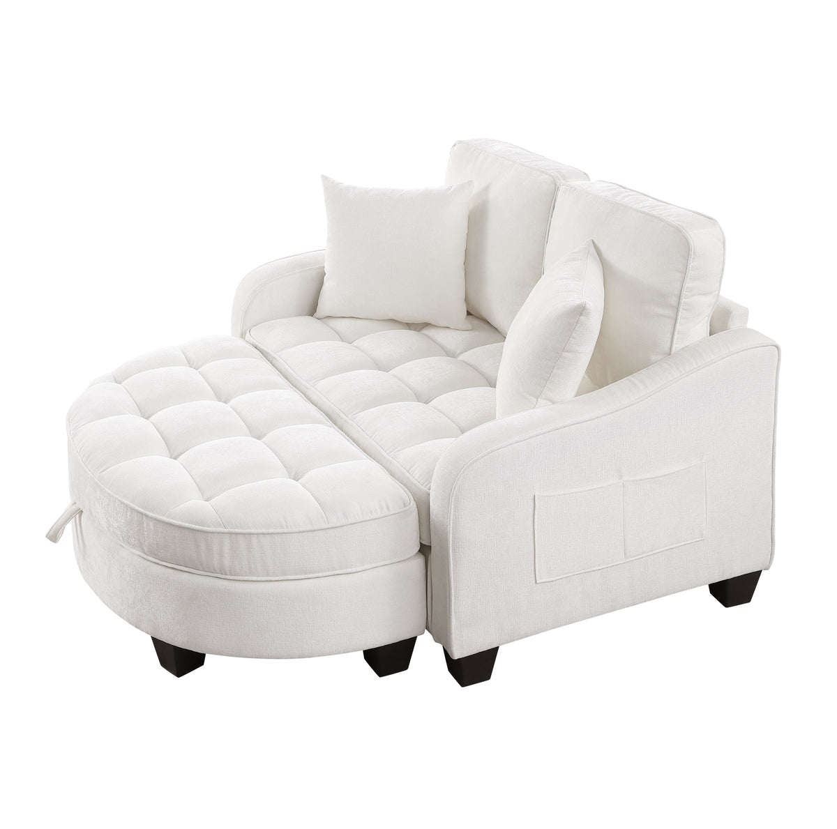 Canapé-lit blanc capitonné avec pouf de rangement, vue latérale sur fond blanc