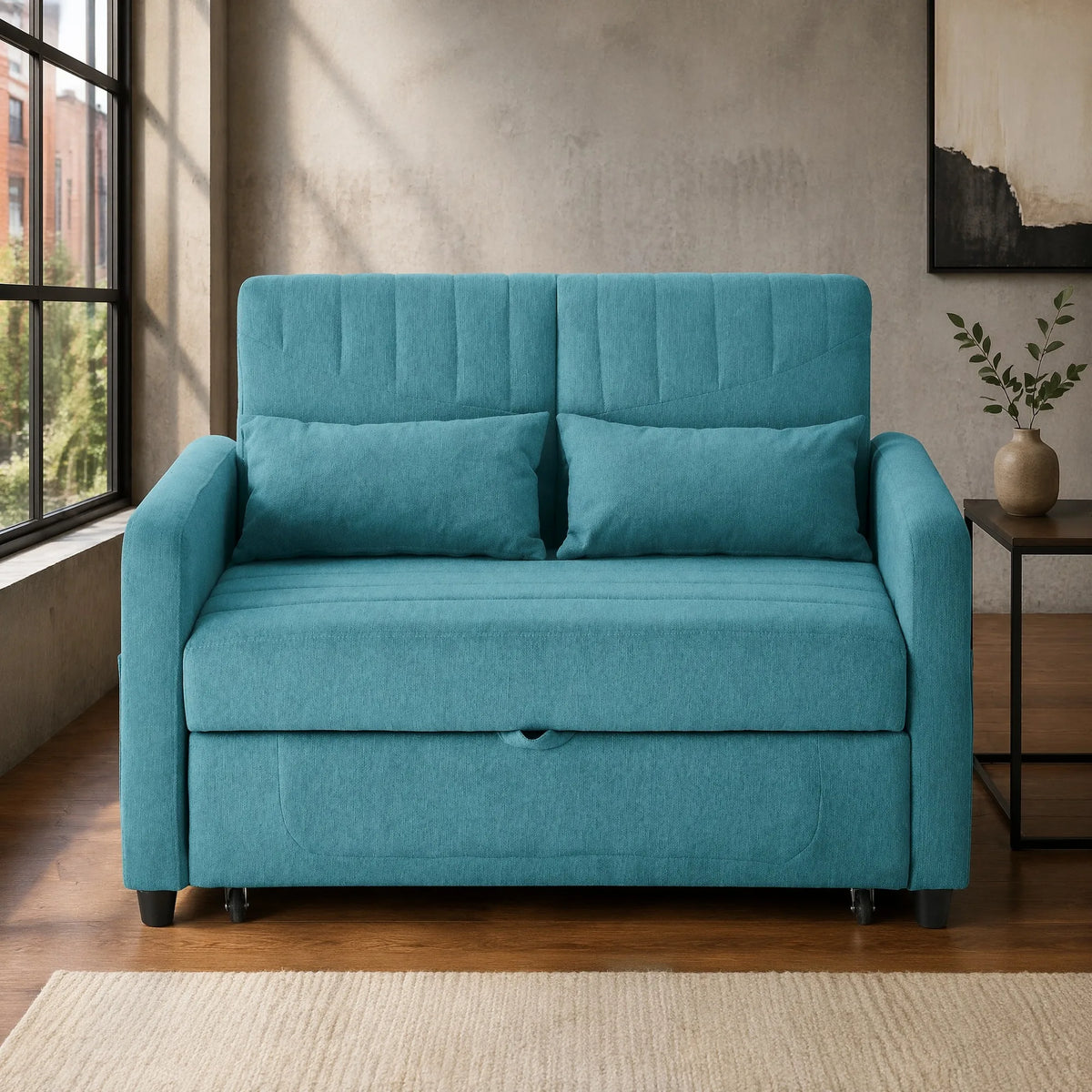 Canapé-lit 2 places à couchage escamotable, bleu canard