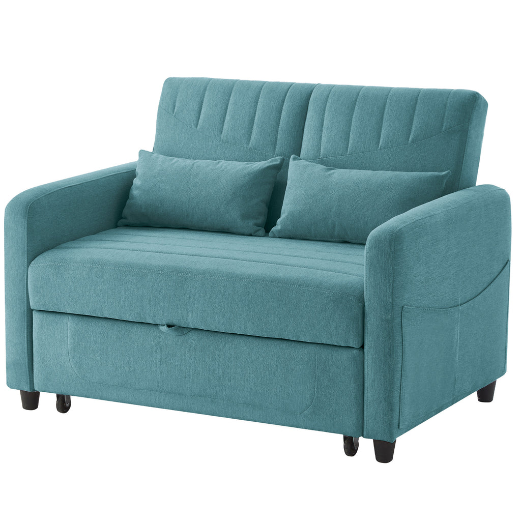 Canapé-lit bleu canard à couchage escamotable, fermé, sur fond blanc