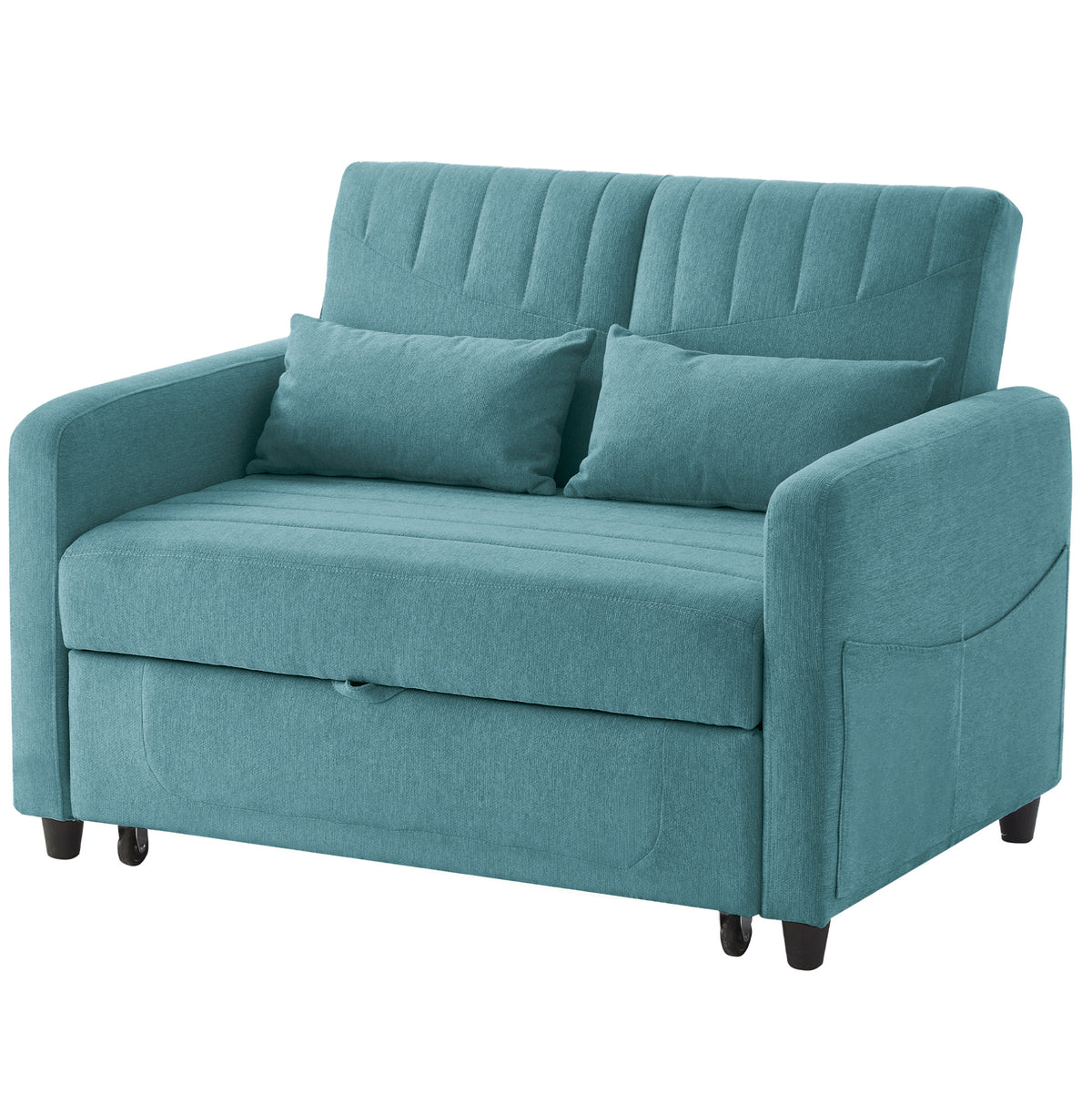 Canapé-lit bleu canard à couchage escamotable, fermé, sur fond blanc