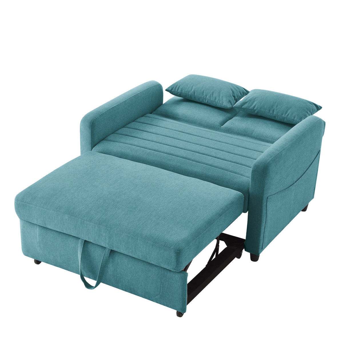 Canapé-lit bleu canard à couchage escamotable, position couchage avec dossier abaissé