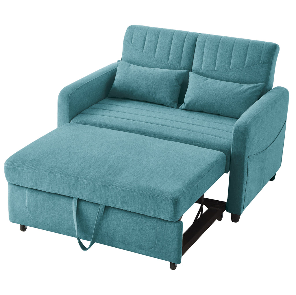Canapé-lit bleu canard à couchage escamotable, position détente avec extension tirée