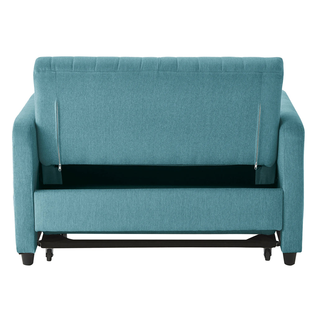 Canapé-lit bleu canard à couchage escamotable, vue arrière