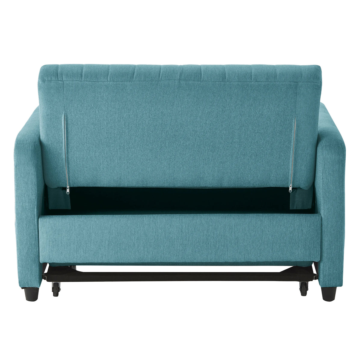 Canapé-lit bleu canard à couchage escamotable, vue arrière