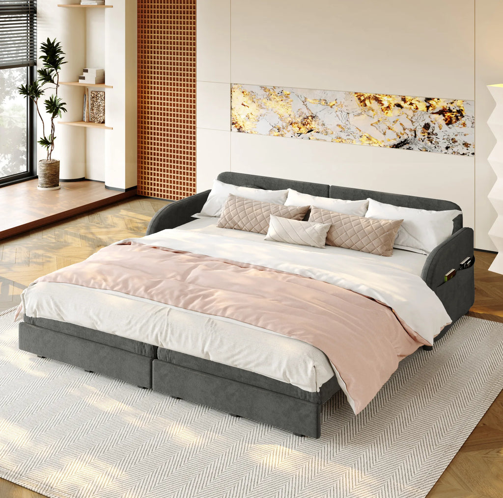 Canapé-lit extensible gris de 206 cm en chenille, couchage présenté avec linge de lit