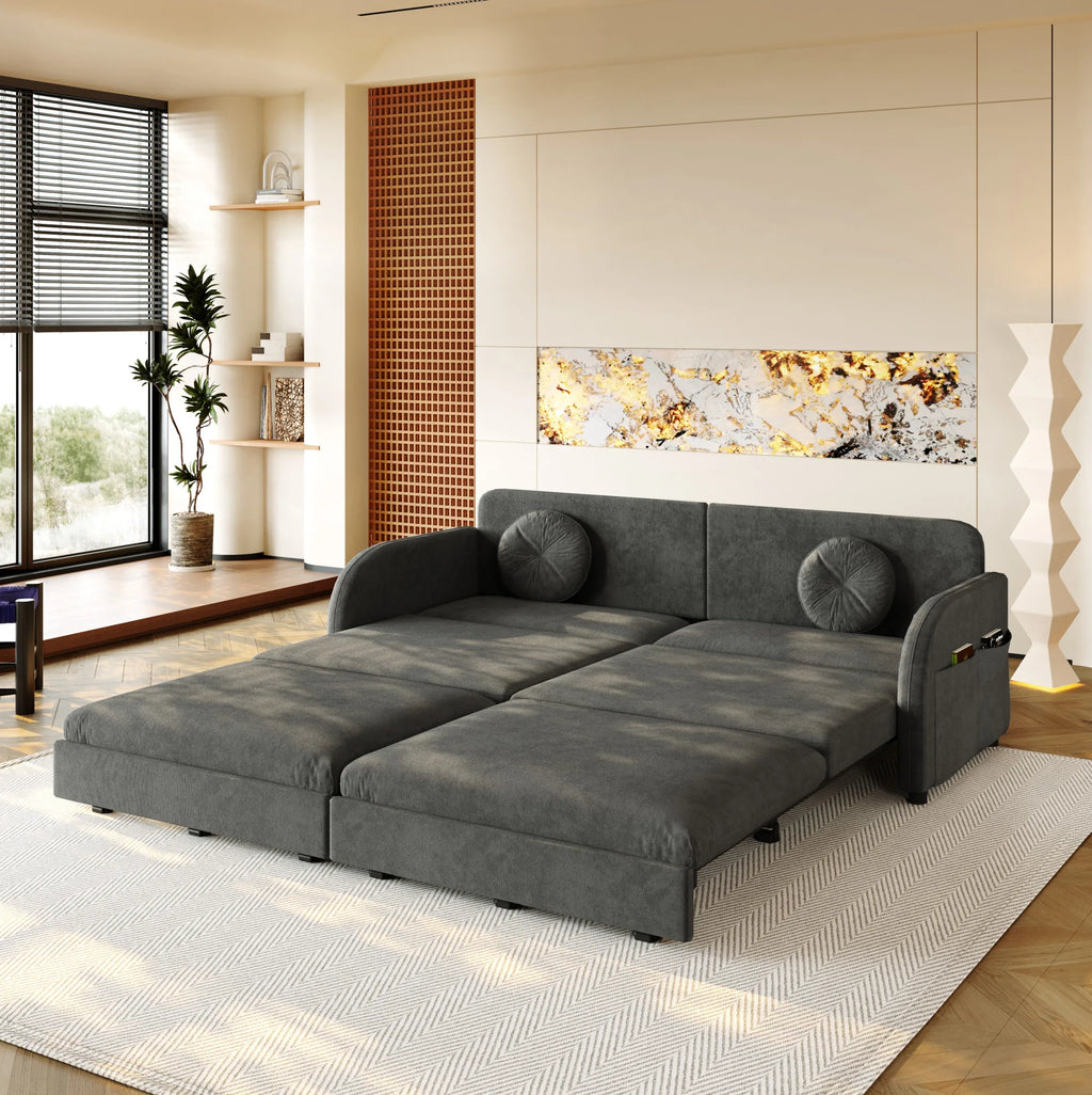 Canapé-lit extensible gris de 206 cm en chenille, deux assises avancées en couchage