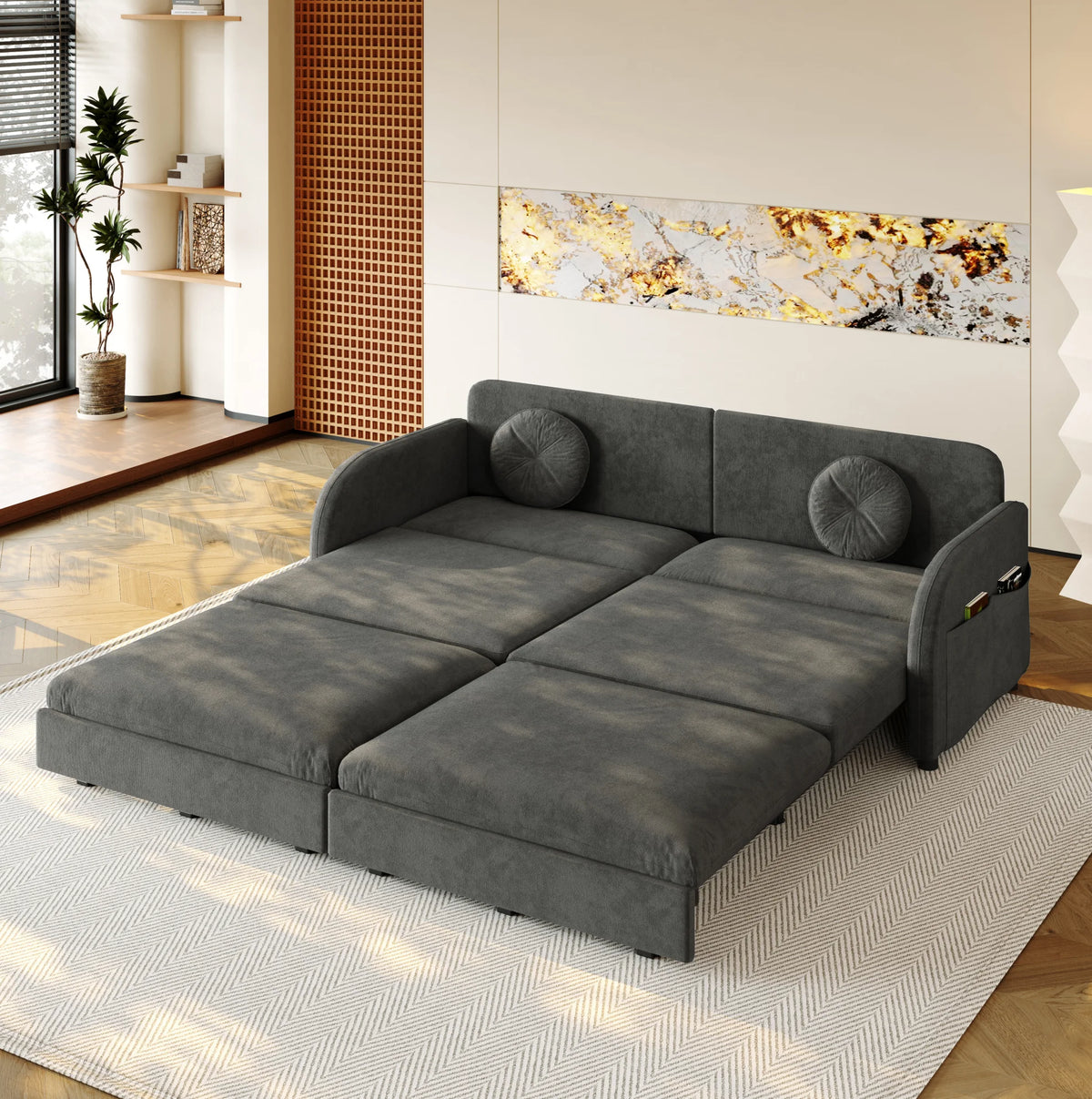 Canapé-lit extensible gris de 206 cm en chenille, extension d’un seul côté