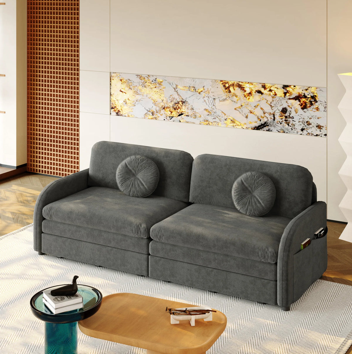 Canapé-lit extensible 3 places en chenille grise, 206 cm