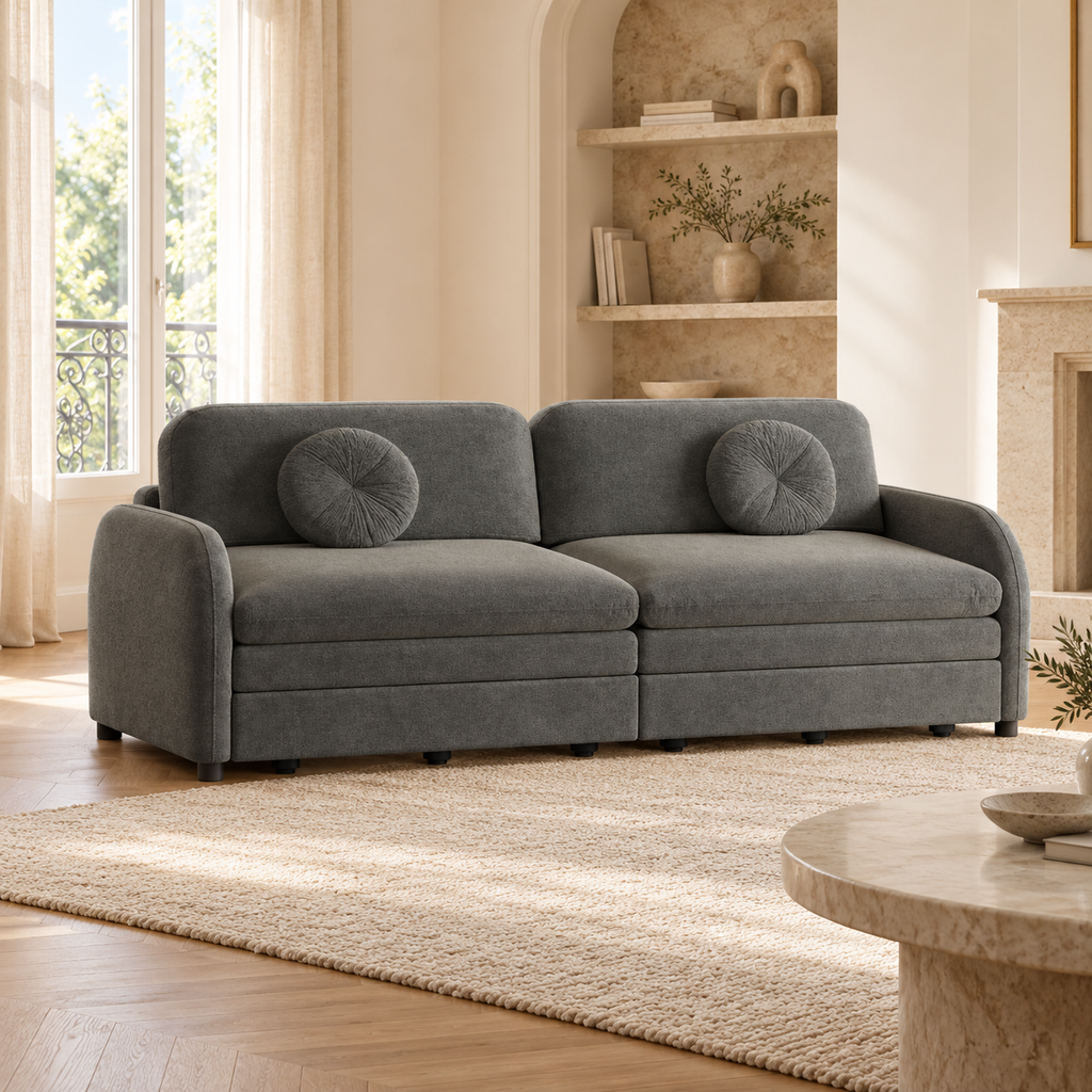 Canapé-lit extensible gris de 206 cm en chenille, fermé, autre angle dans un salon lumineux