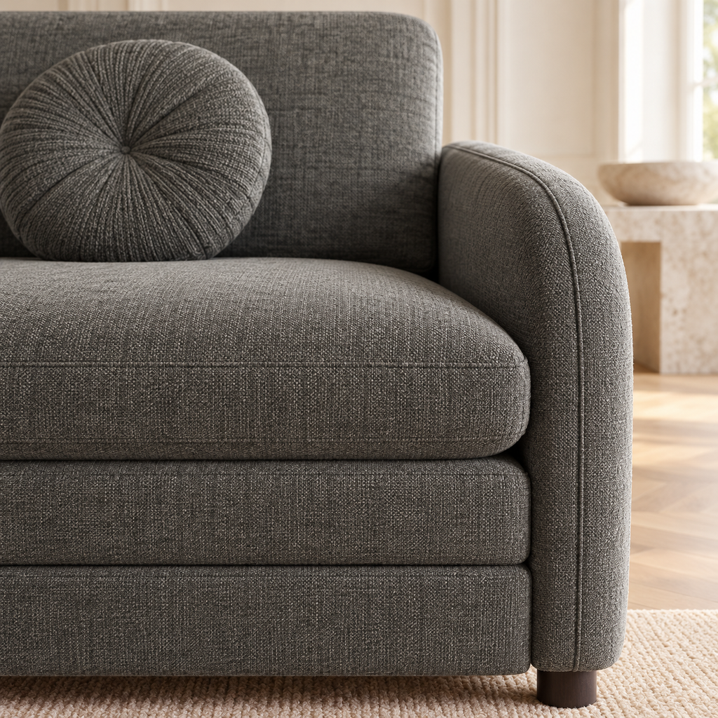 Canapé-lit extensible gris de 206 cm en chenille, fermé, gros plan du revêtement et des finitions