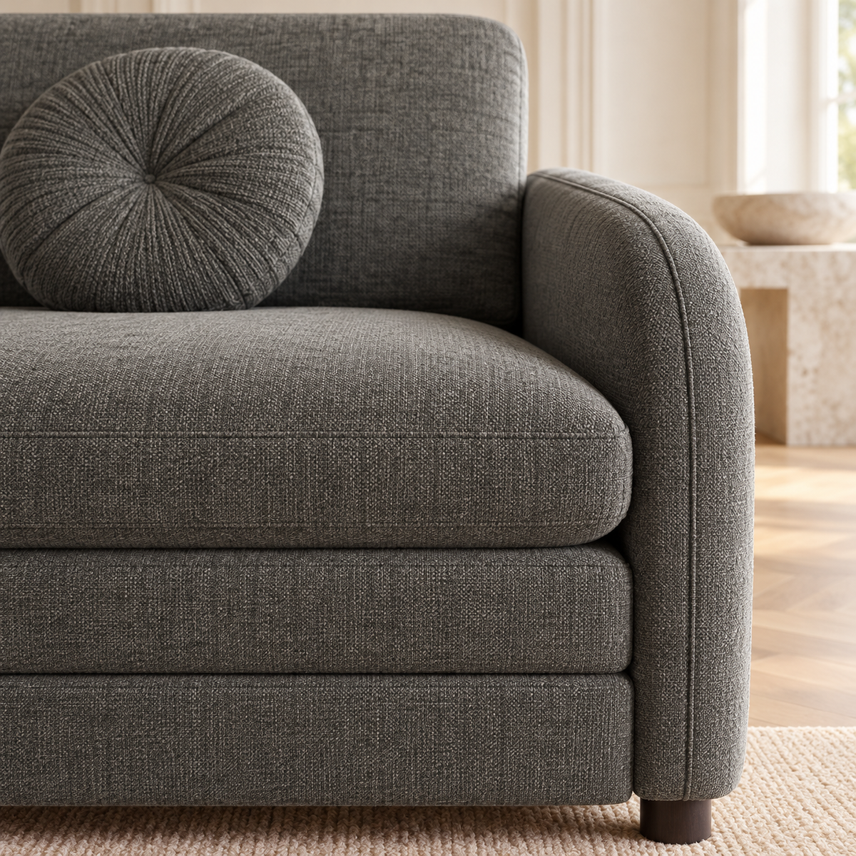 Canapé-lit extensible gris de 206 cm en chenille, fermé, gros plan du revêtement et des finitions