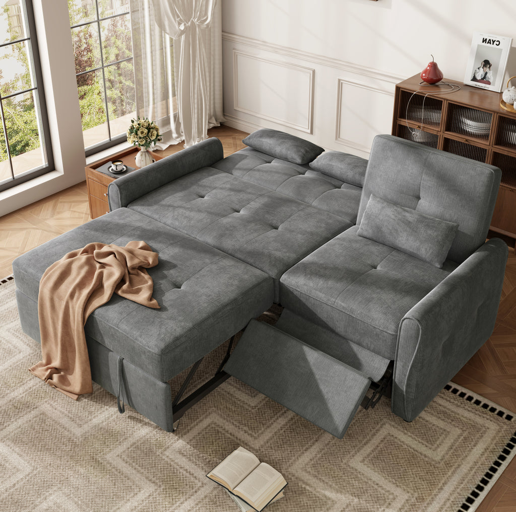 Canapé-lit gris en chenille à dossiers réglables, configuration couchage en situation