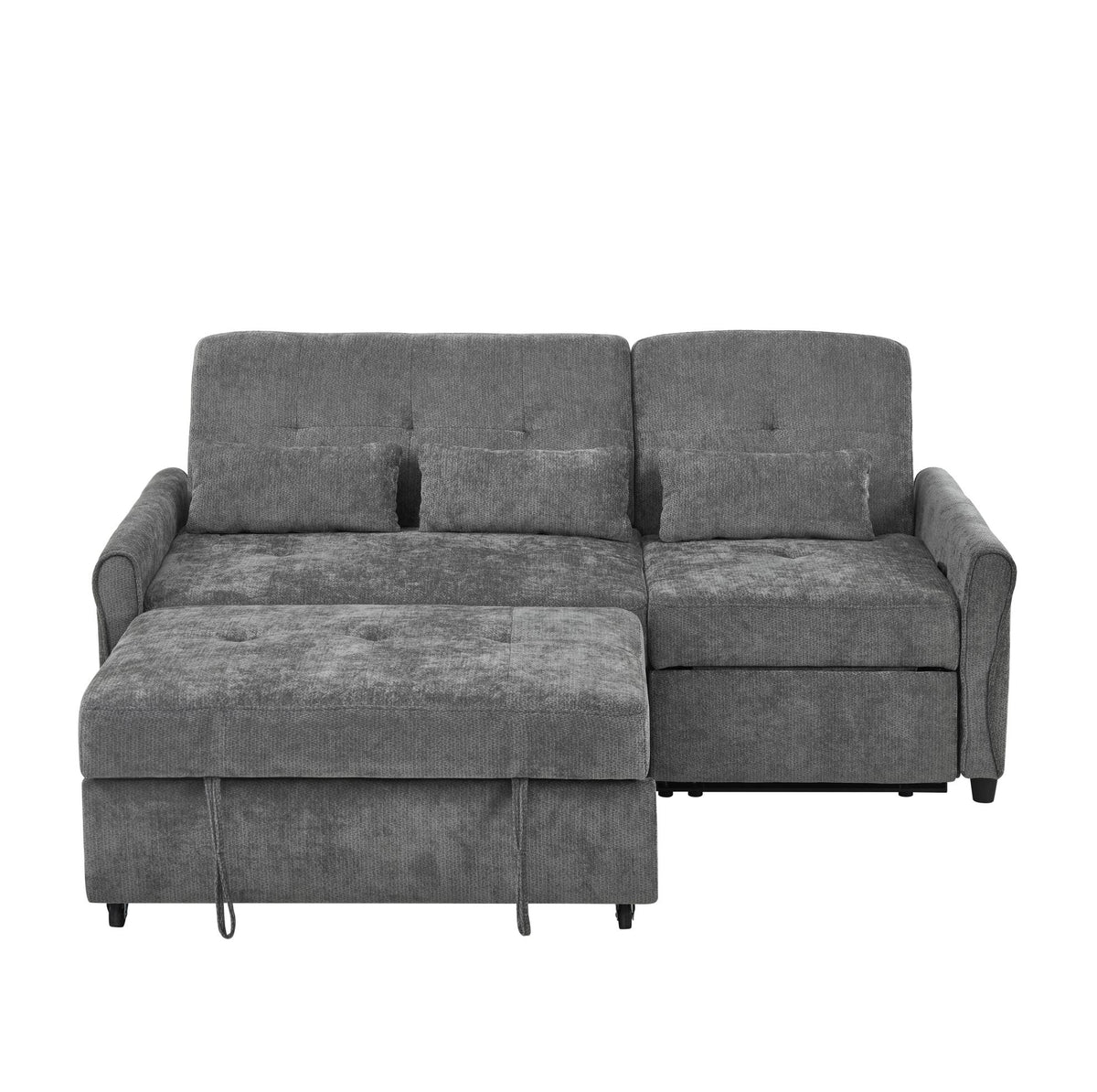 Canapé-lit gris en chenille à dossiers réglables, une extension d’assise tirée