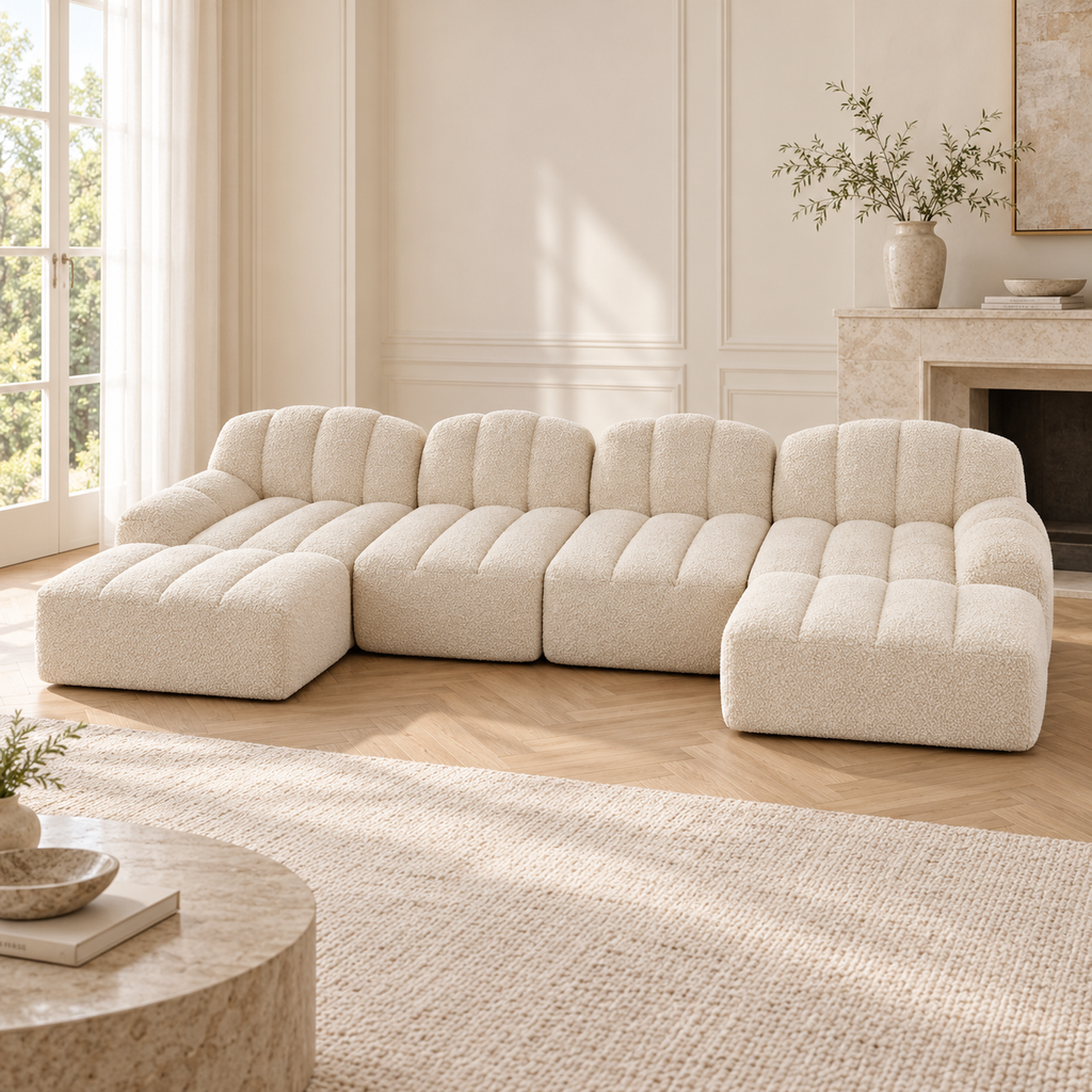 Canapé modulable à assises arrondies et deux poufs, ensemble crème, autre angle dans un salon lumineux