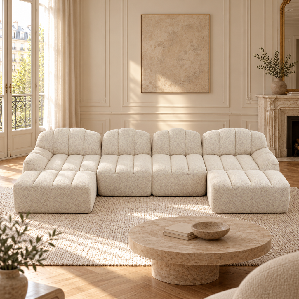 Canapé modulable à assises arrondies et deux poufs, ensemble dans un salon lumineux