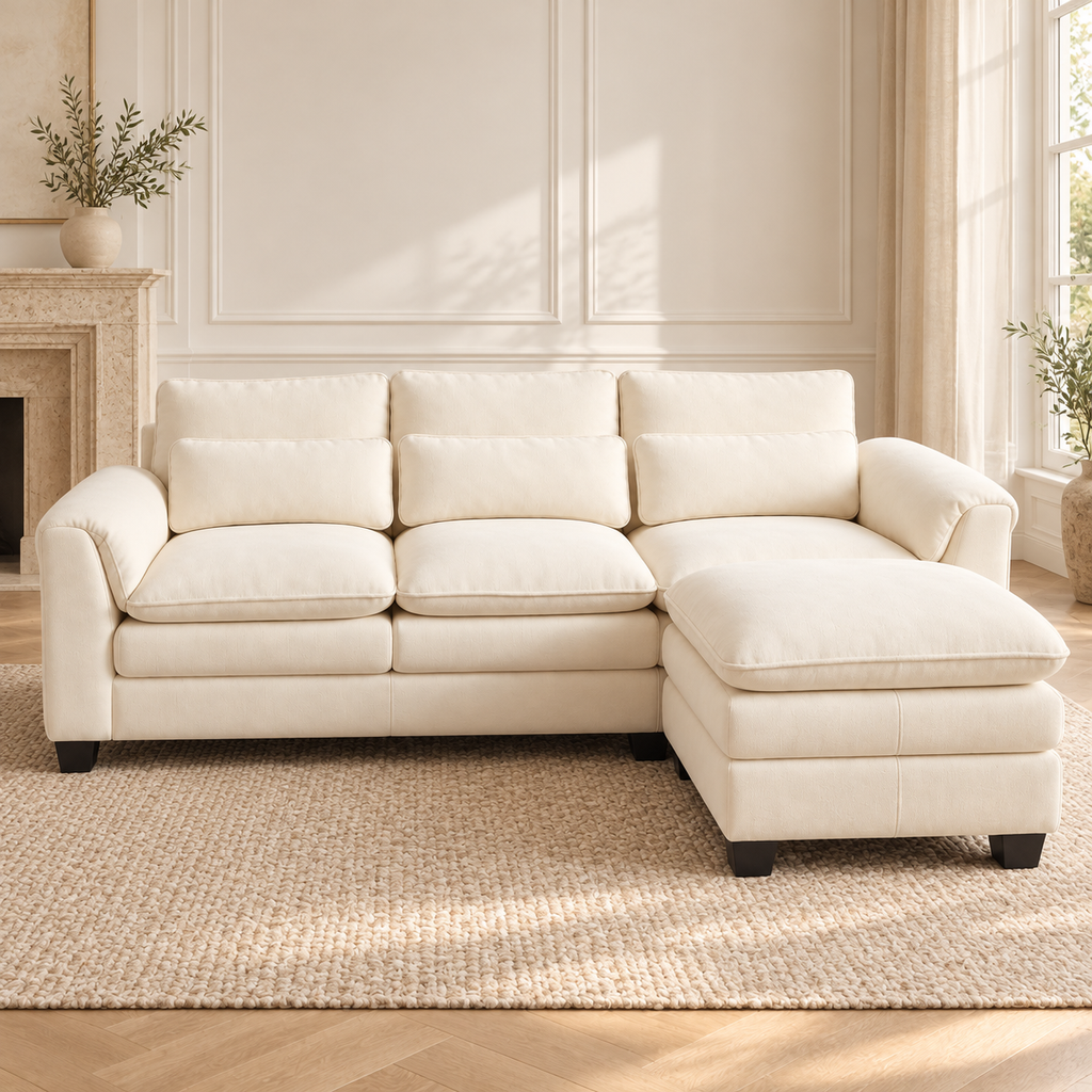 Canapé modulable à coussins doubles, beige, configuration en L, autre angle dans un salon lumineux