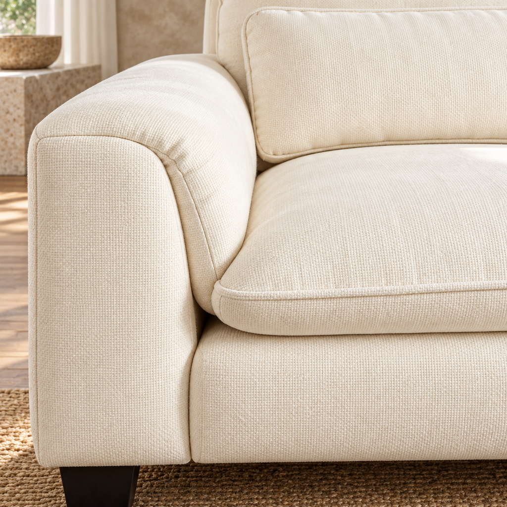 Canapé modulable à coussins doubles, beige, configuration en L, gros plan du revêtement et des finitions