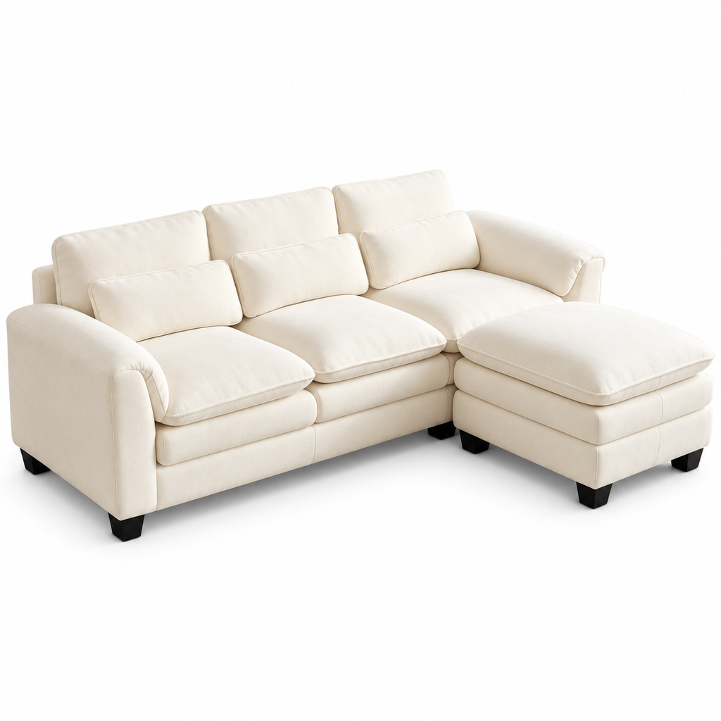 Canapé modulable à coussins doubles, beige, configuration en L sur fond blanc