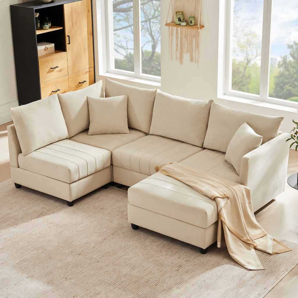 Canapé modulable avec pouf, autre position du pouf dans un salon