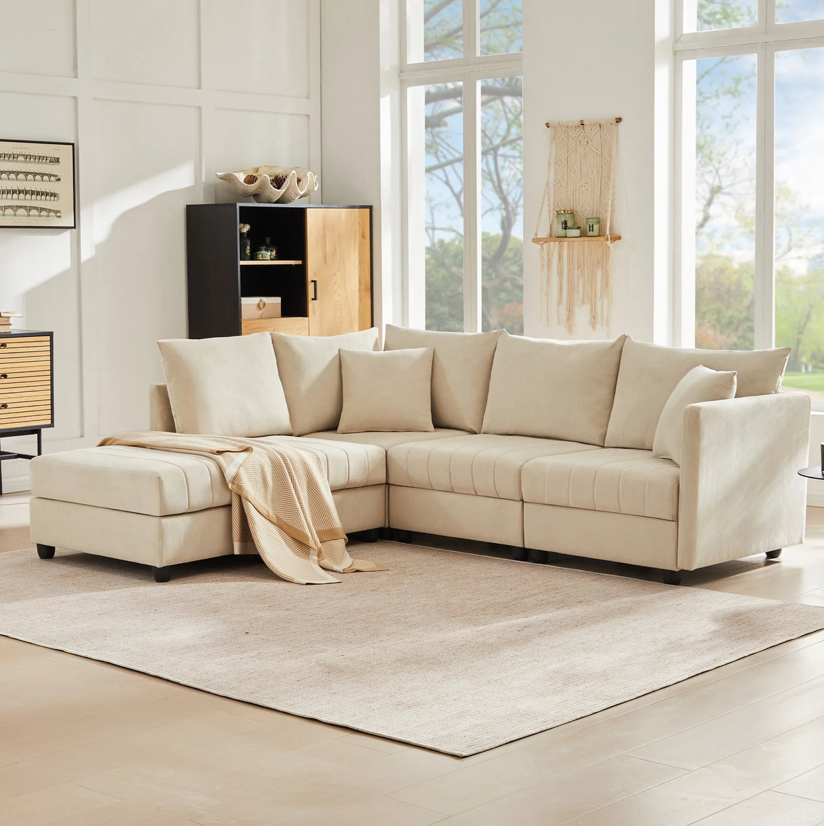 Canapé modulable 5 places effet lin, pouf mobile