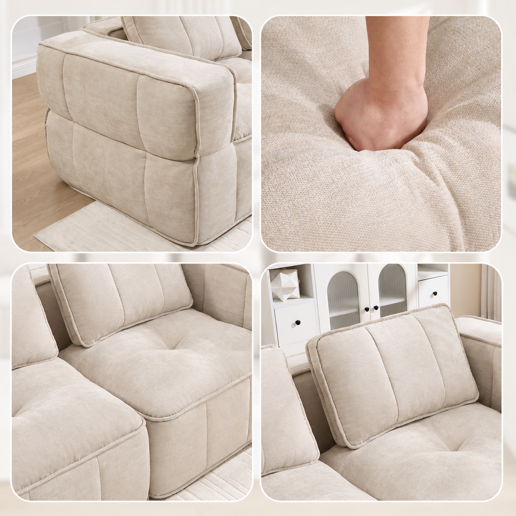 Canapé modulable beige avec deux poufs, détails des coussins, du tissu et des finitions