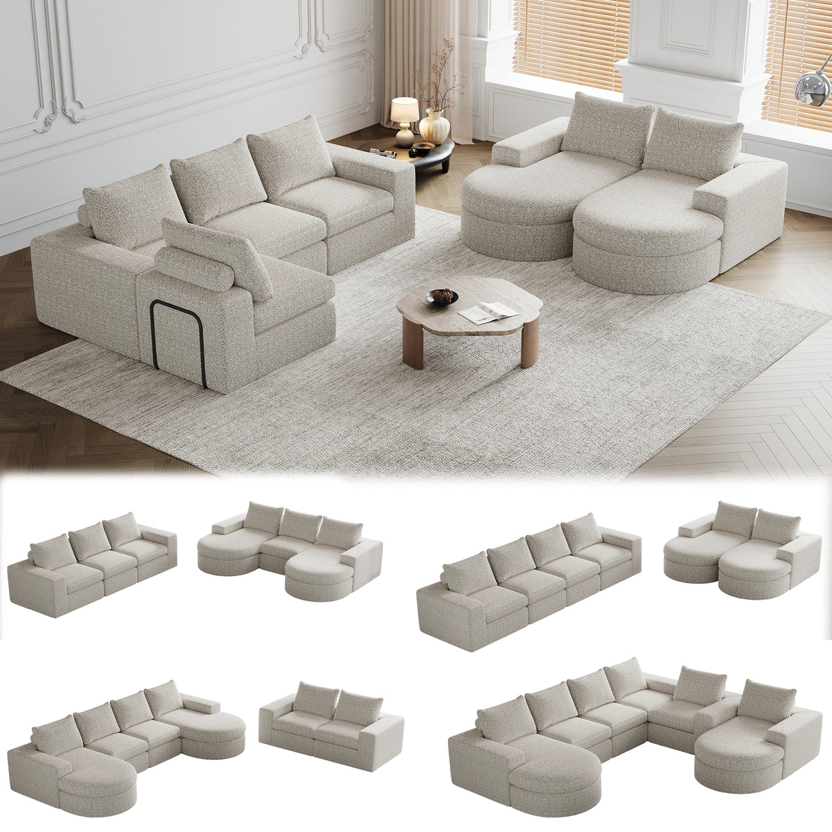Canapé modulable beige en chenille avec méridienne, différentes dispositions des modules
